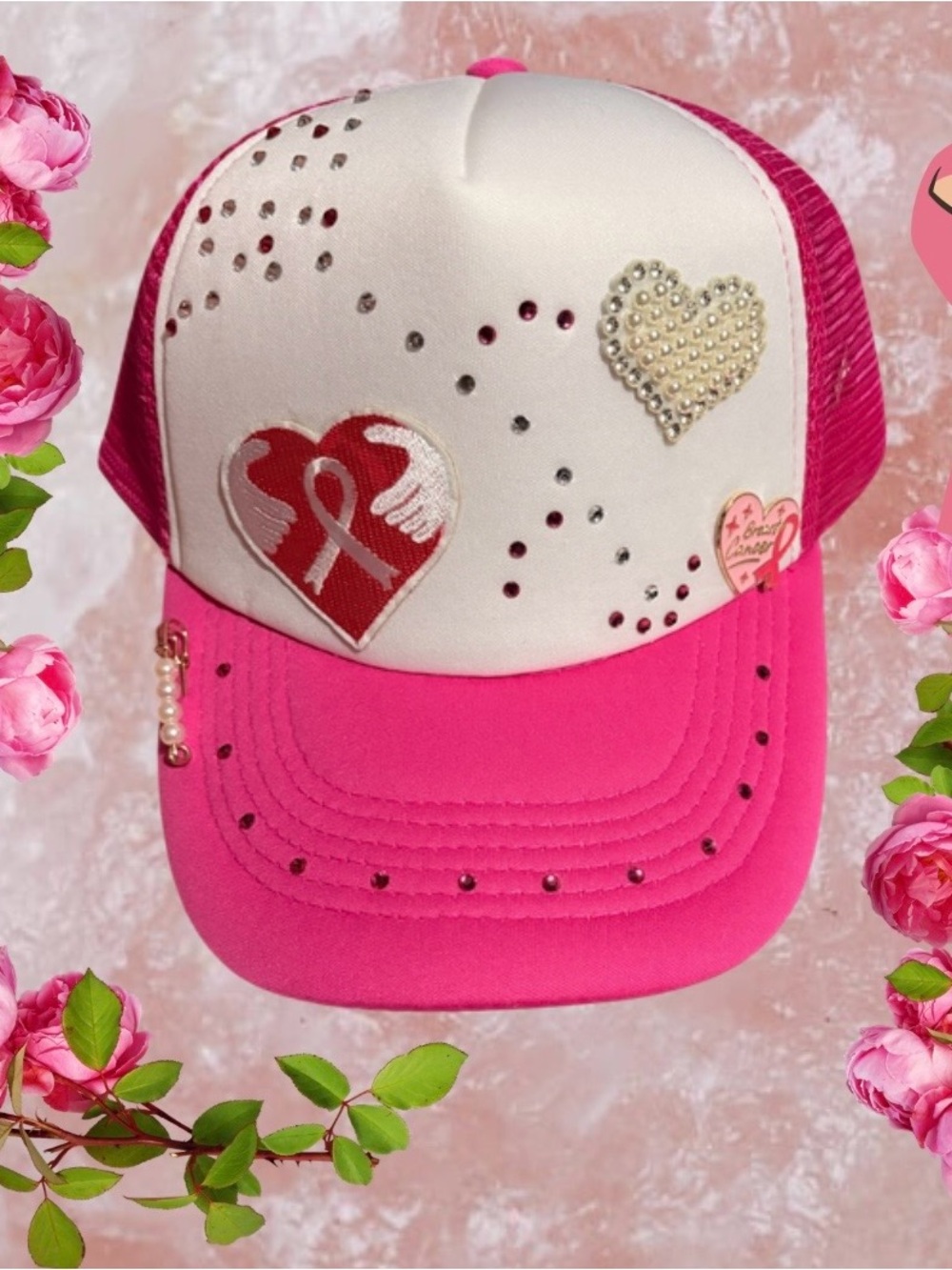 Breast Cancer Pink and White Rhinestone Heart Trucker Hat